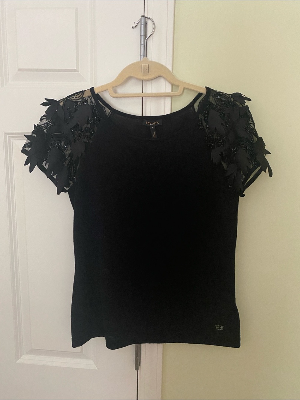 Escada Black Short Sleeve Top with Floral Applique Sleeves